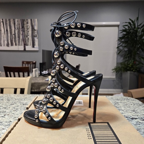 NEW Christian Louboutin Amazoubille Ghille Cage Black Studded Heels Size 7.5 - Picture 9 of 13